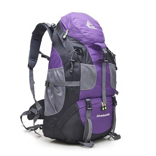 Hiking Backpack, Water Resistant Lightweight 50L Purple - No Shoe Compartment