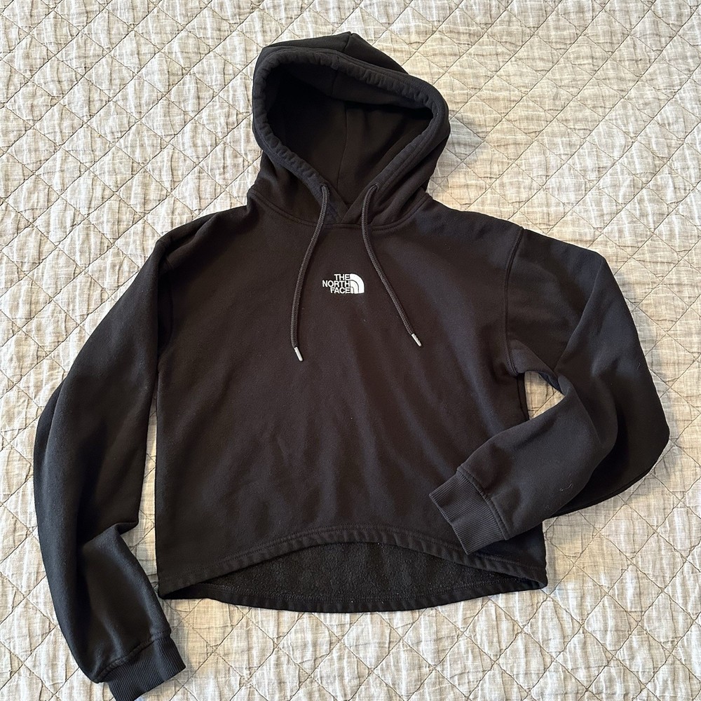 The North Face Womens High Low Cropped Hoodie Black Logo Fleece Sweatshirt Small