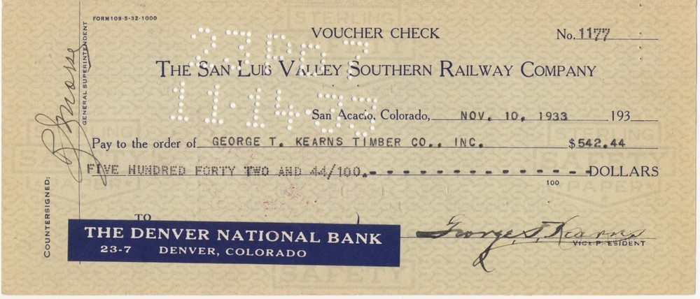 1933 RAILROAD Voucher Check COLORADO 🚂 SAN LUIS VALLEY SOUTHERN Railway Co.-image