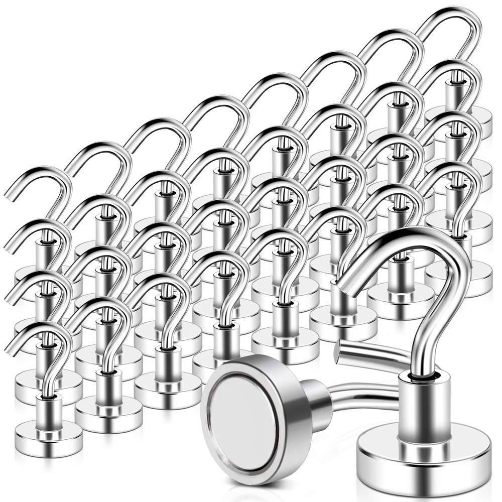 32 Pack Magnetic Hooks Heavy Duty, 25 lbs Strong Magnet 16mm_32pcs, Silver