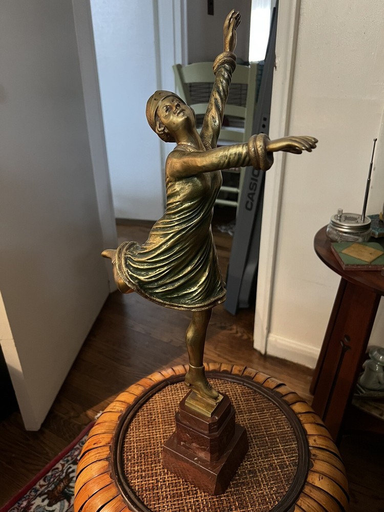 Bronze Art Deco Ice Skater Sculpture on Marble Base Signed
