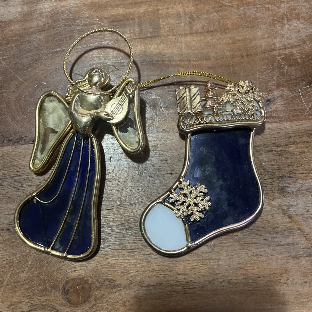 Vintage Blue Stained Glass Angel & Stocking Christmas Ornament Sun Catcher