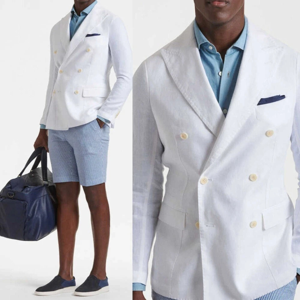 Men White Double Breasted Suit Linen Peak Lapel Jacket Minimalist Wedding Party