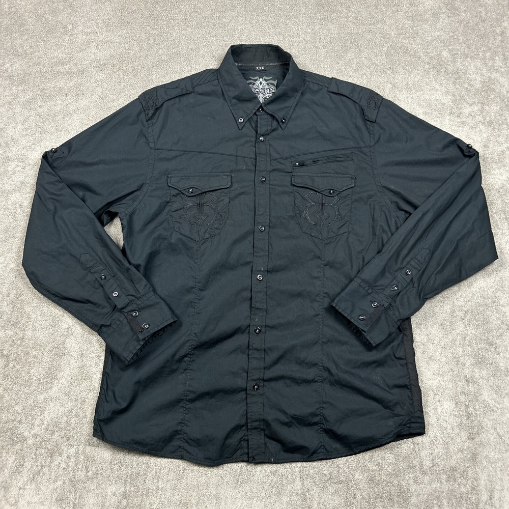 Roar Shirt Mens 2XL Black Button Up Roll Tab Embroidered Grunge Western Rock