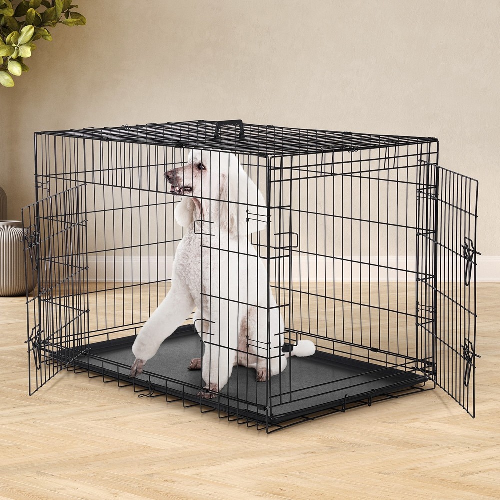 Double Door Foldable Dog Crate with Divider & Leak-Proof Tray-image