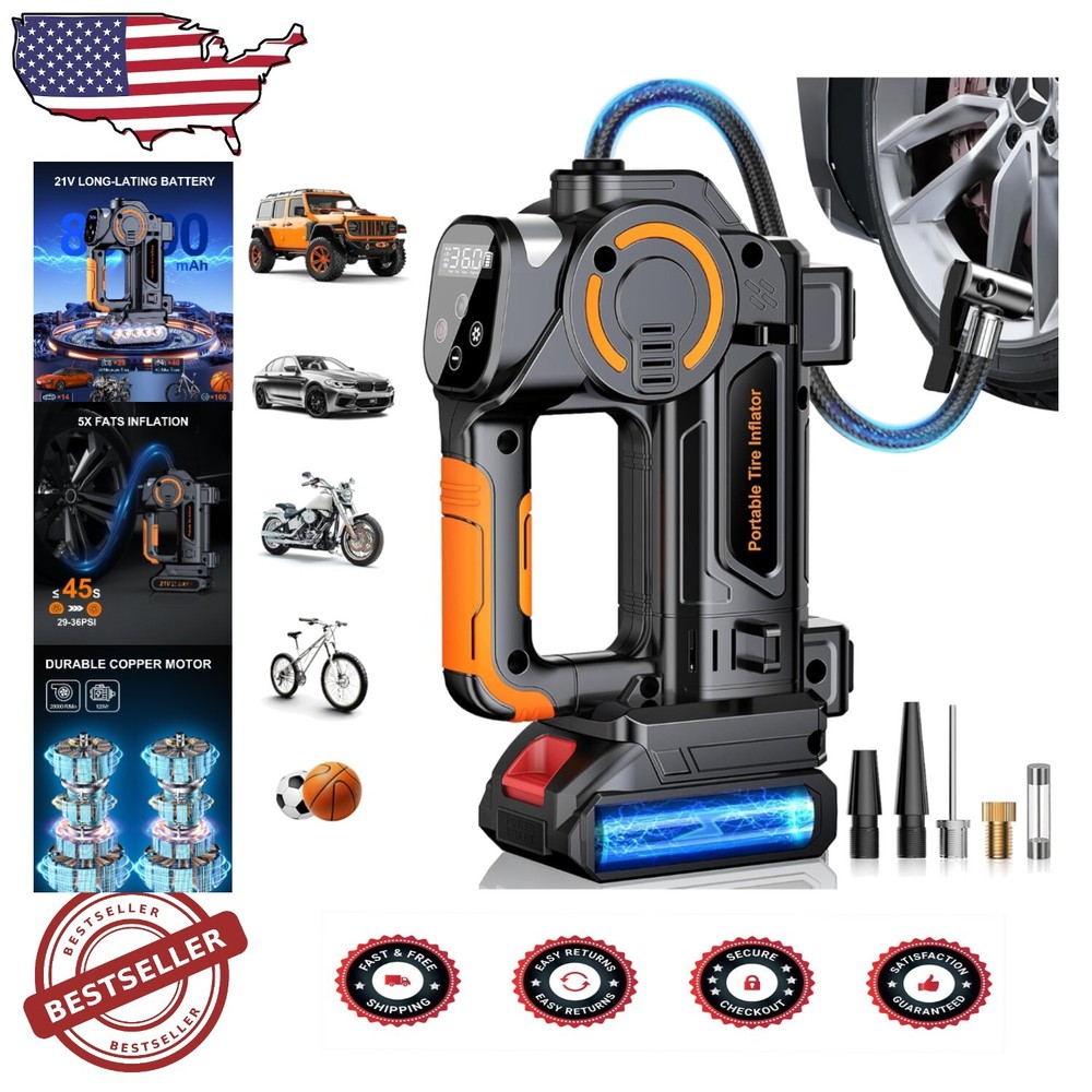 Portable Tire Inflator - 160 PSI Rechargeable Air Compressor with LED Flashlight