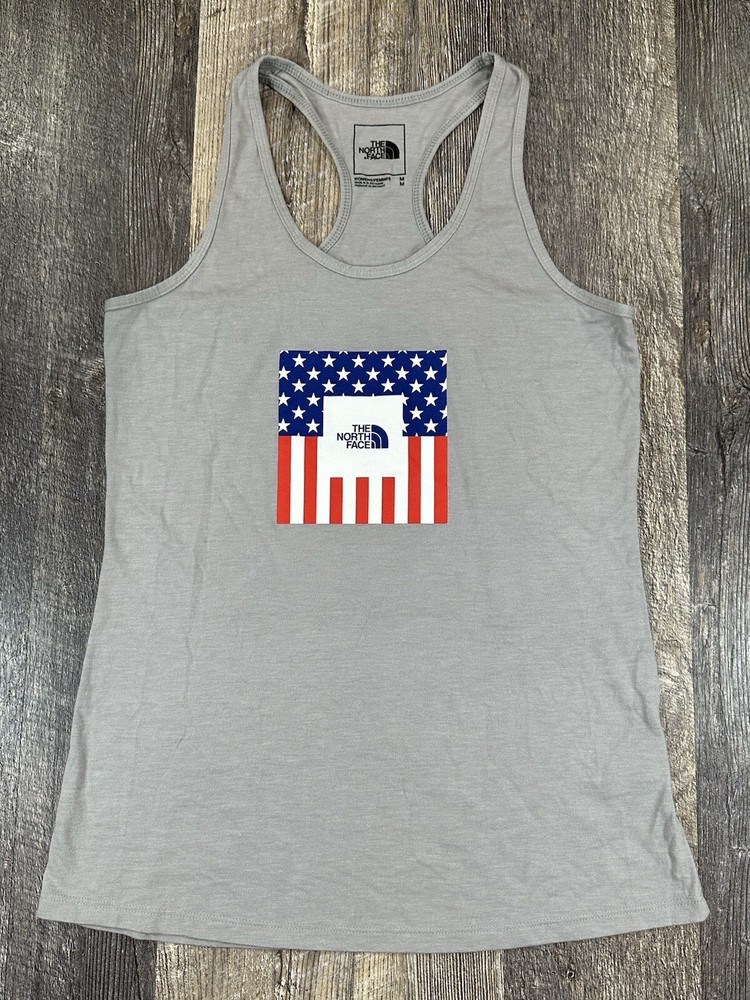 The North Face Womens Medium Blue Heather Gray Racerback Tank Top with USA Flag EUC  