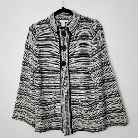 Charter Club Sz L Black & White Striped Wool Blend Cardigan Sweater Pockets Cozy