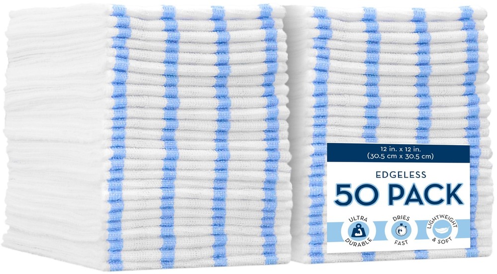 50-Pack White & Blue Stripe Edgeless Microfiber Cleaning Cloths – Bulk Soft Absorbent Wipes