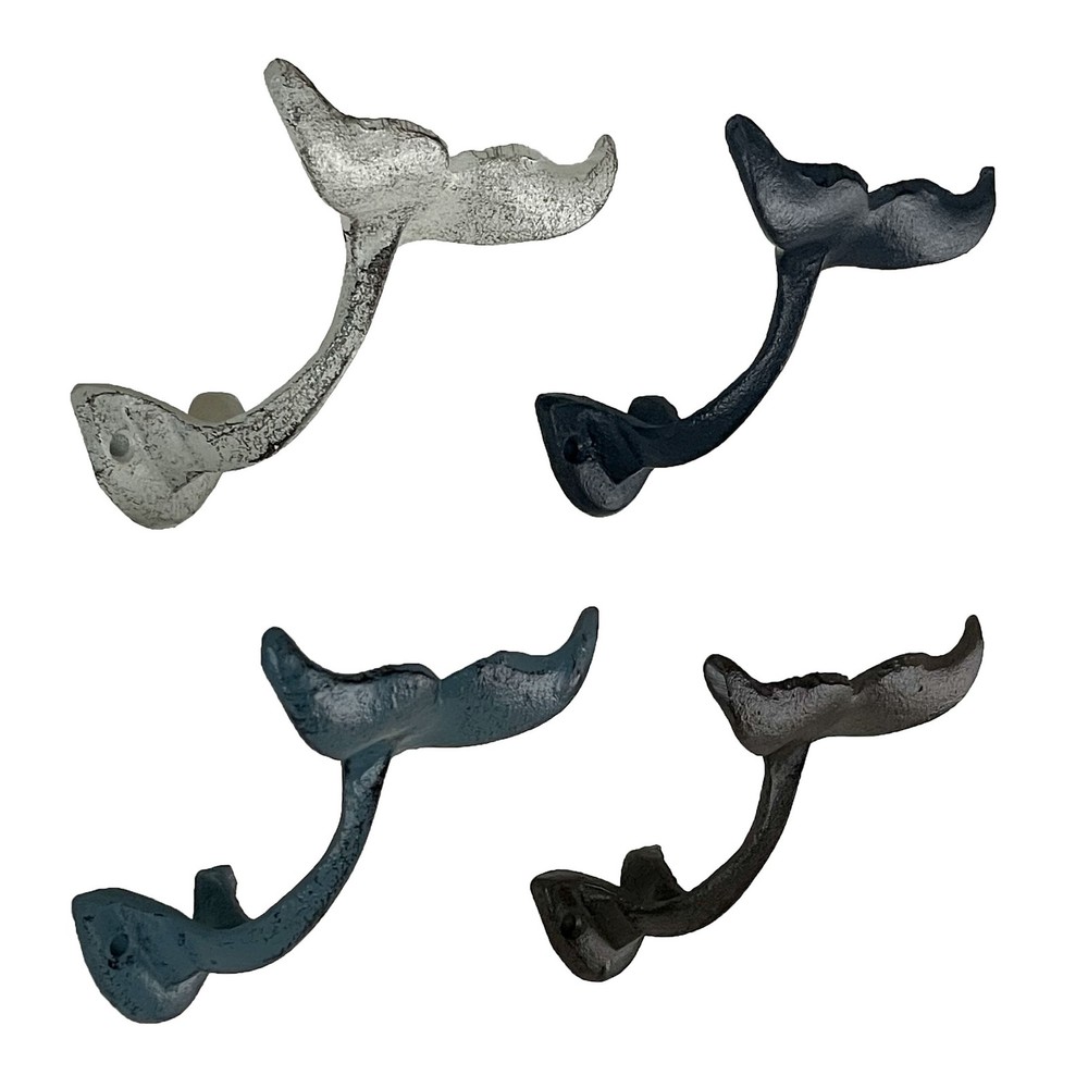 Zeckos Zeckos Colorful Coastal Cast Iron Whale Tail Set of 4 Wall Hooks