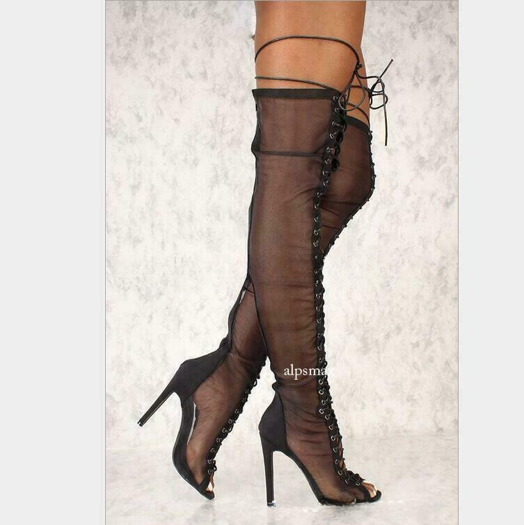 Womens Hollow Mesh Peep Toe Lace Up Over Knee Thigh Boots High Heels Stilettos