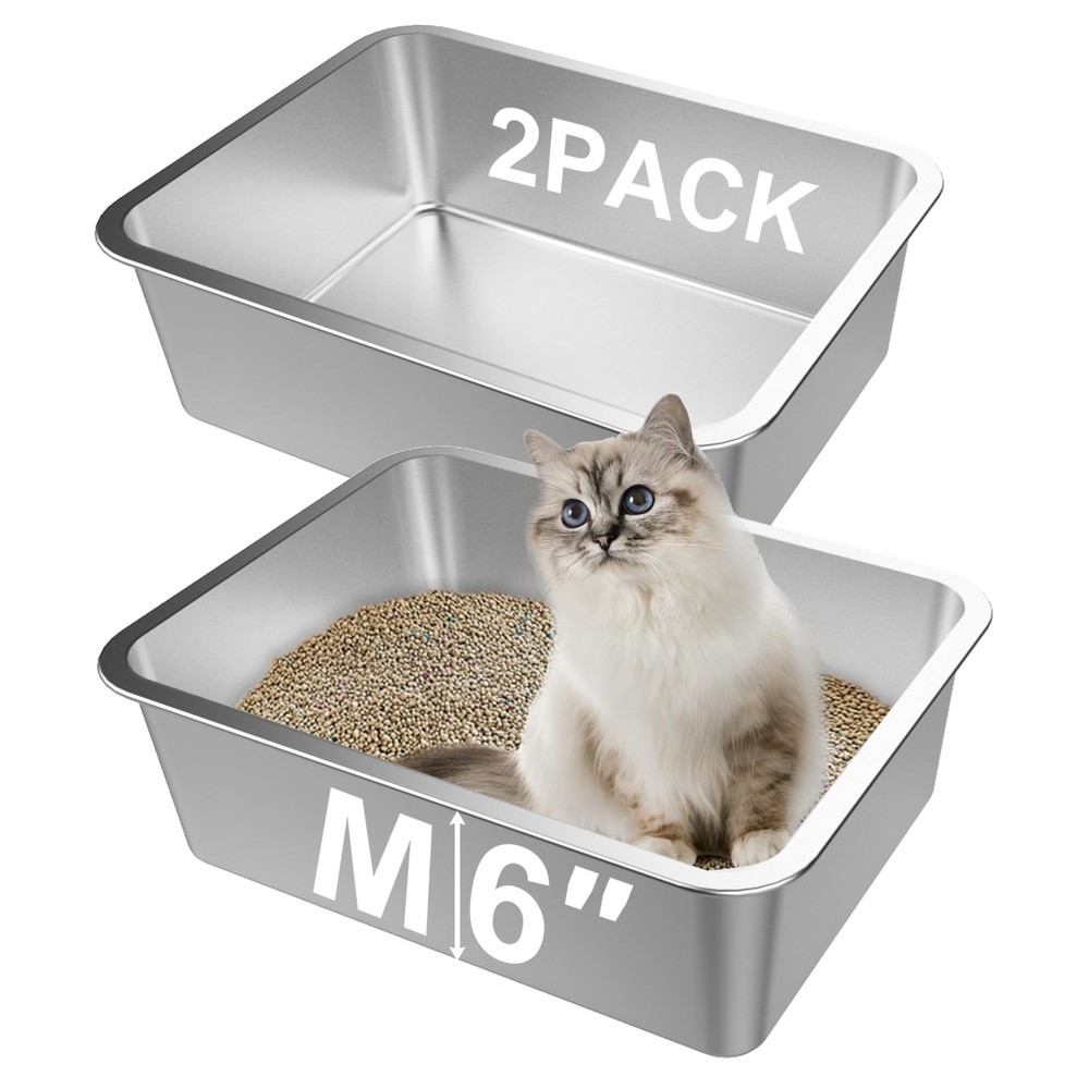 Lawei 2PCS Stainless Steel Cat Litter Box, Medium Metal Medium, Silver