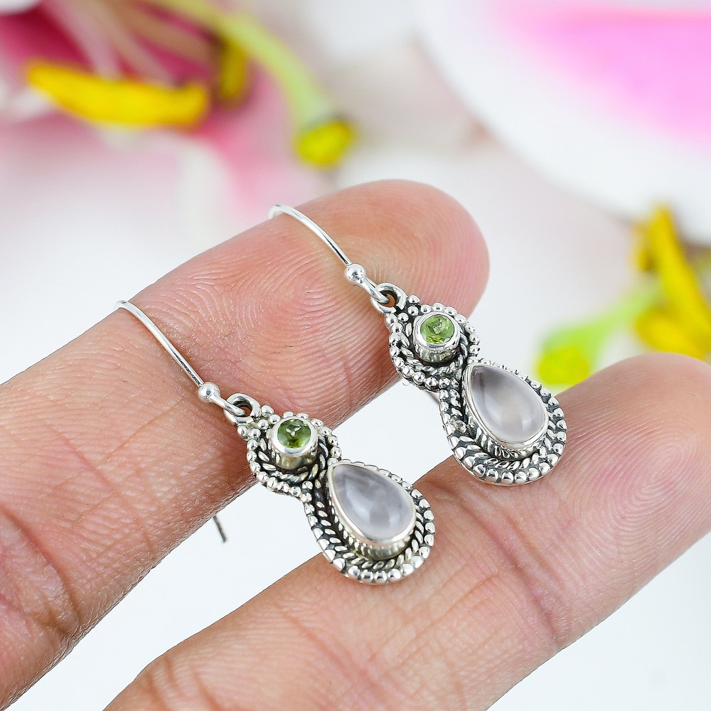 Natural Rose Quartz and Peridot Gemstone 925 Sterling Silver 1.5 Inch Earrings