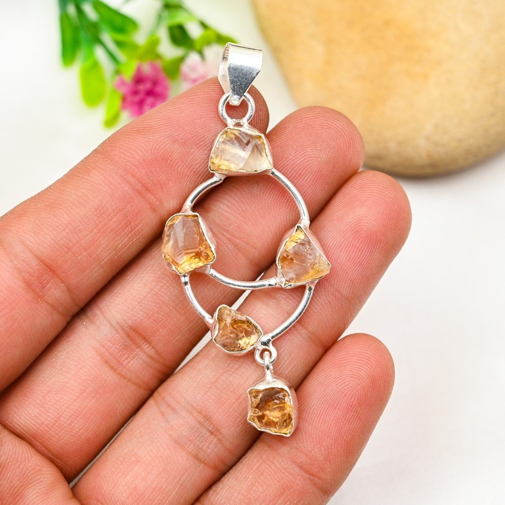 Beautiful Raw Citrine Gemstone Pendant 925 Sterling Silver Handmade Jewelry Gift