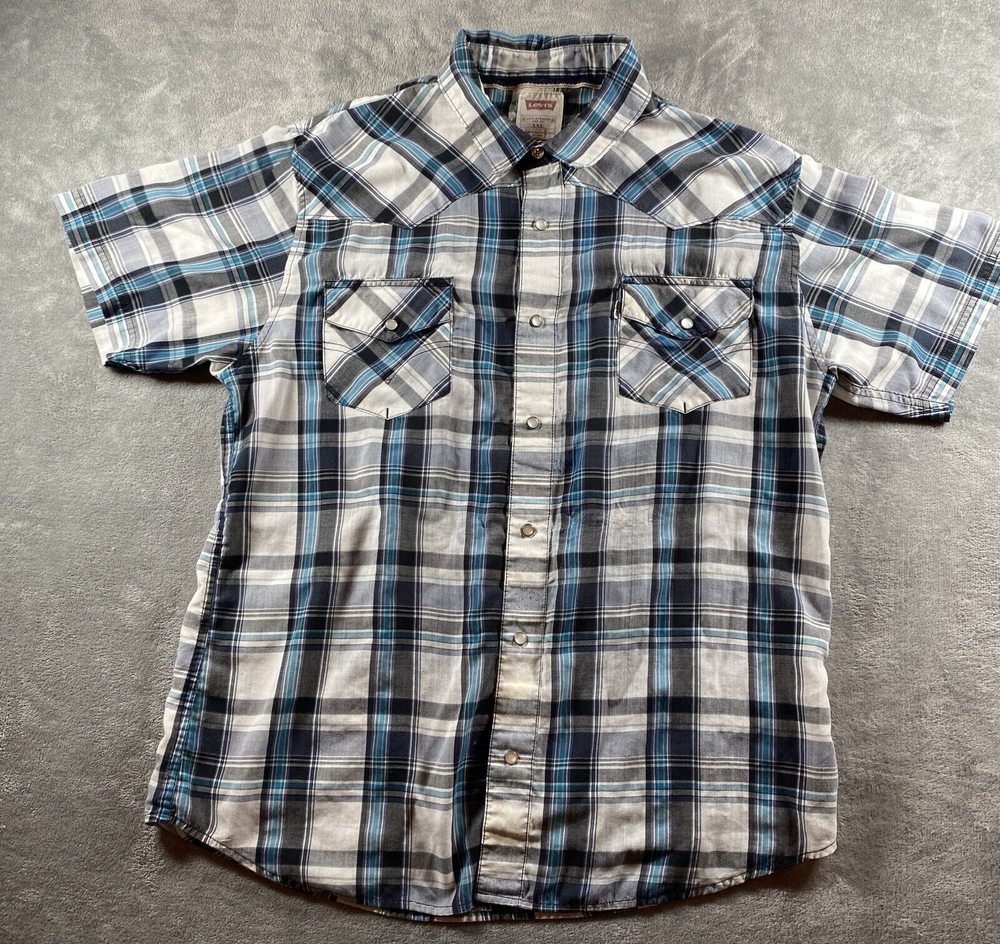 LEVIS Pearl Snap Plaid Shirt Mens XXL 2XL Blue S/S Pocket  Country Western Rodeo