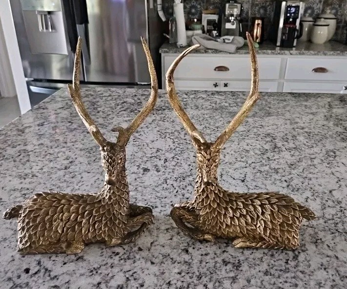 Vintage Gump's Set of 2 Glitter Reindeer Stag Figurines Holiday Christmas 12x9.5