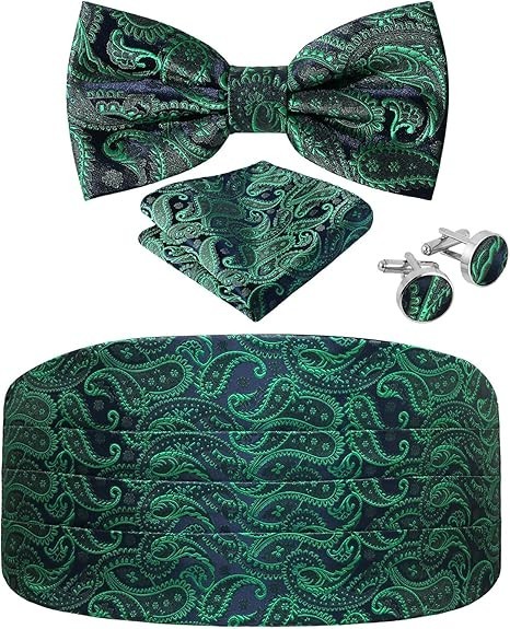 Paisley Cummerbund and Bow Tie Set Adjustable Formal Men's Green Cumberbund T...