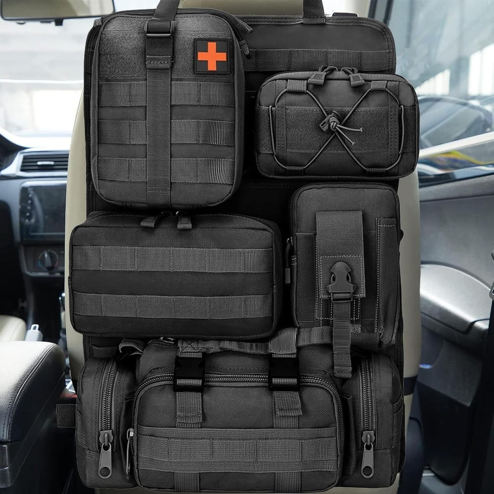 Tactical Car Seat Organizer with 5 Detachable Molle Pockets in Black
