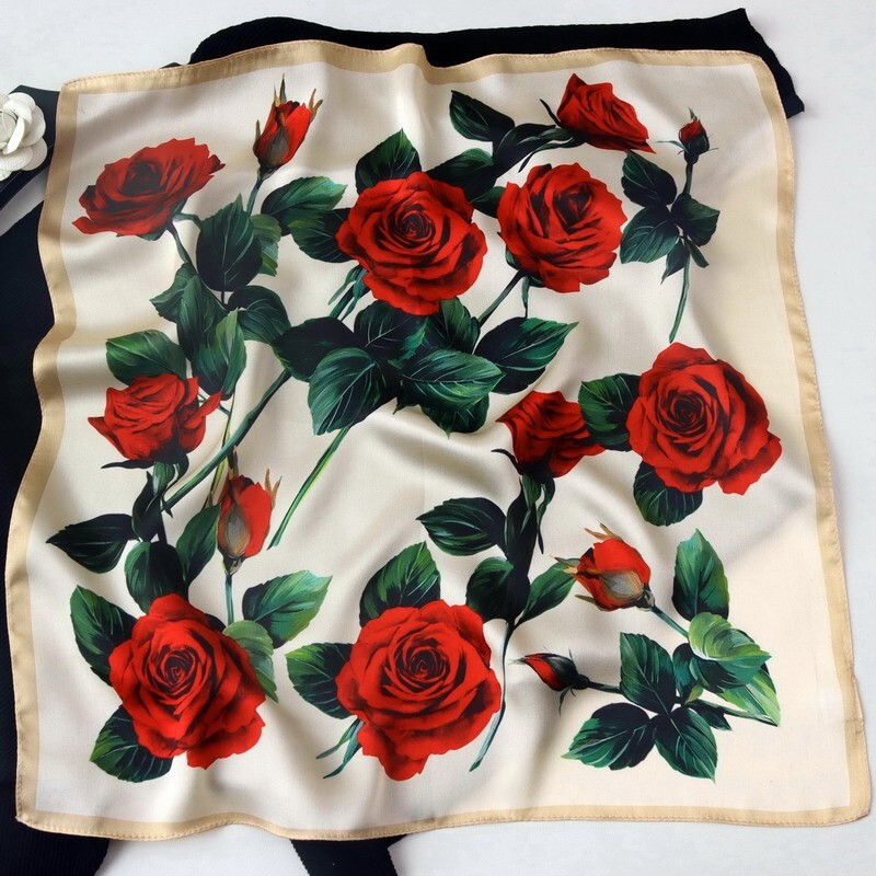 100% Silk Vintage Red Rose Scarf Bandana Turban 53 cm Square Head Wrap