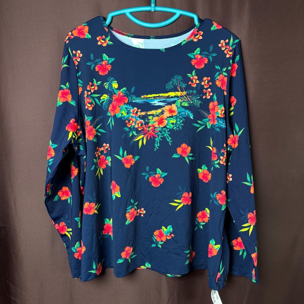Lands' End Women's M-2X LONG SunShade Long Sleeve Swim Top Relaxed Rash Guard Fl