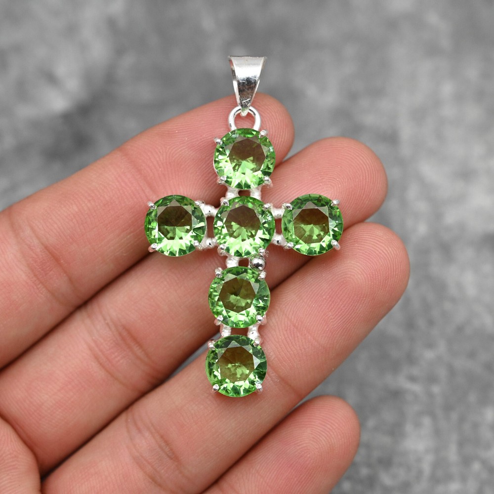 Peridot Gemstone Cross Pendant in 925 Sterling Silver Handmade Jewelry