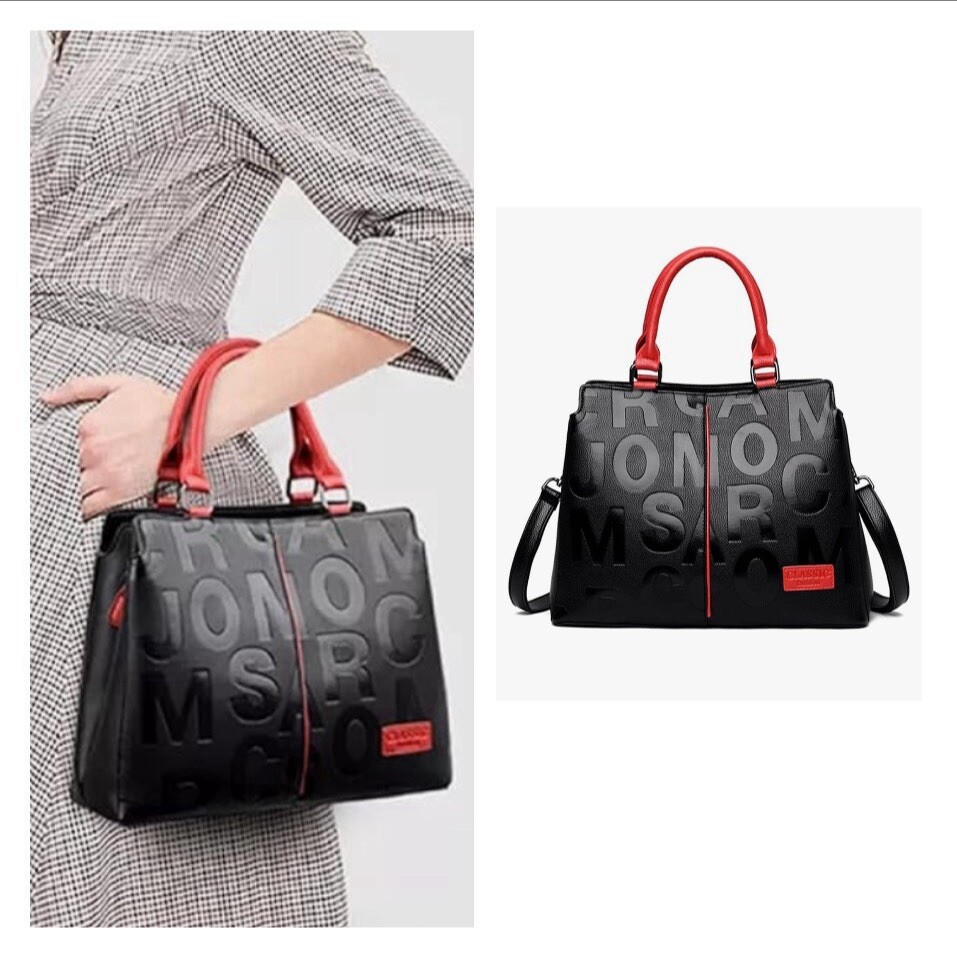 Large Red And Black Tote W/Crossbody Strap