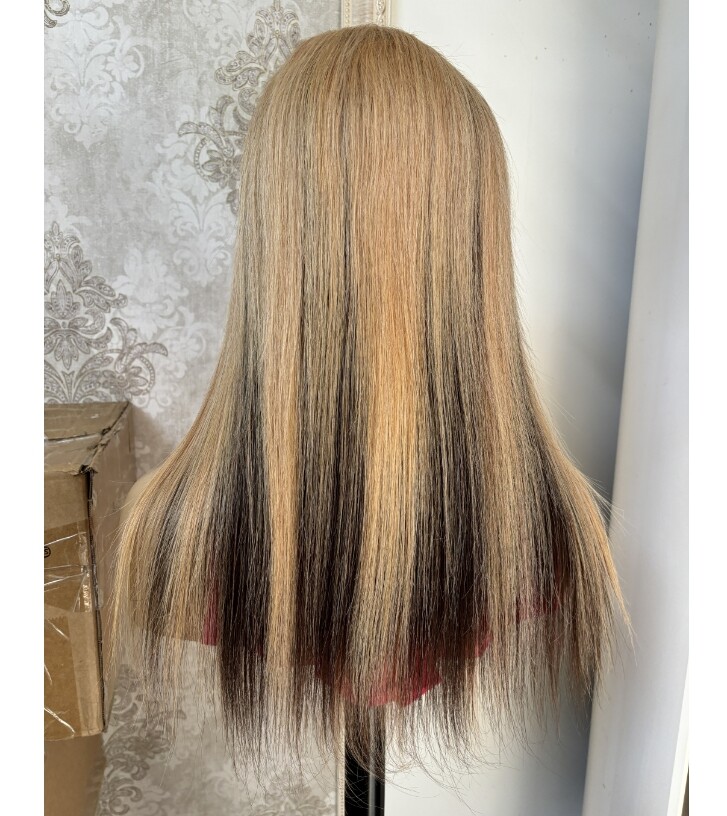 18Inch Brown Blonde Highlight Straight 4X4 Lace Front Human Hair Wig for Women