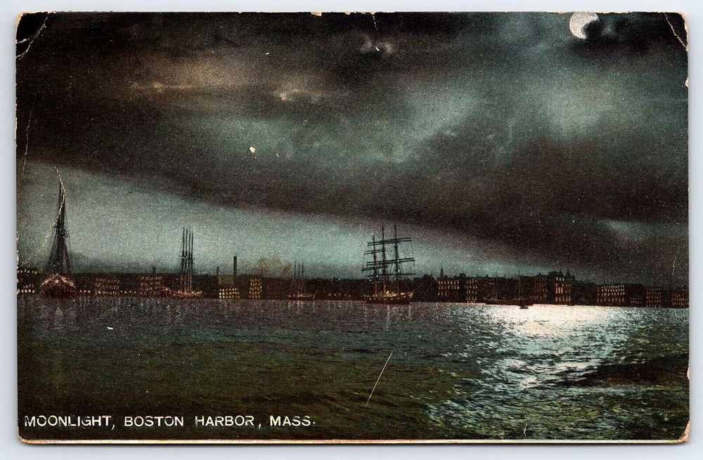 Original Old Vintage Antique Postcard Moonlight Boston Harbor Massachusetts USA