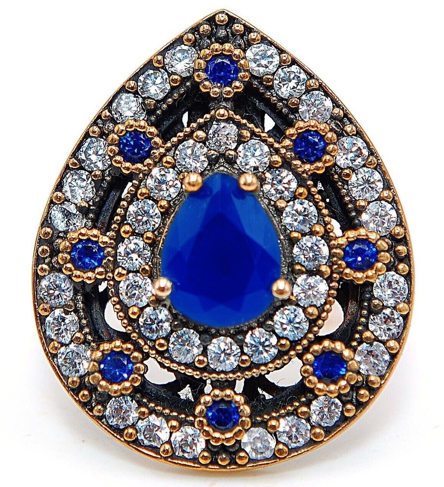 4CT Treated Sapphire Ottoman Empire Style 925 Sterling Silver Ring Size 8 HB2-6
