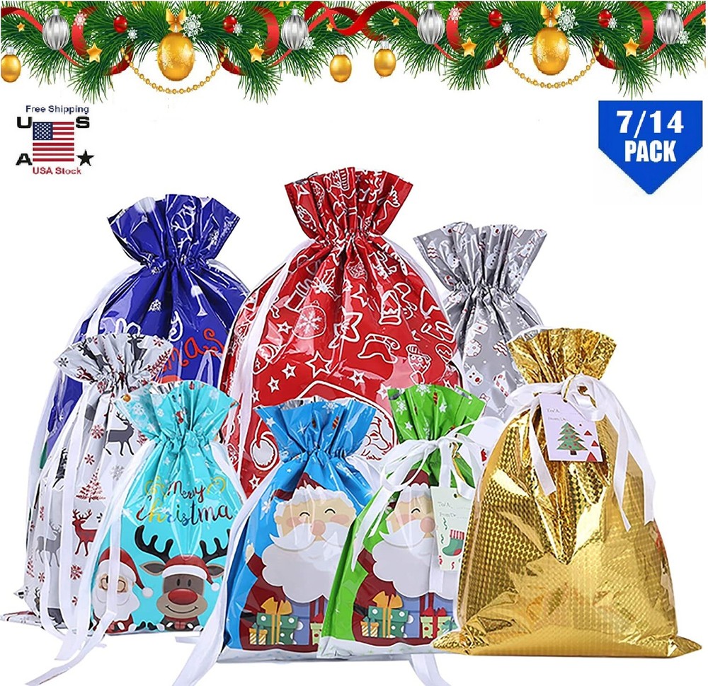 14× Christmas Big Drawstring Gift Bags Set Big 12.5
