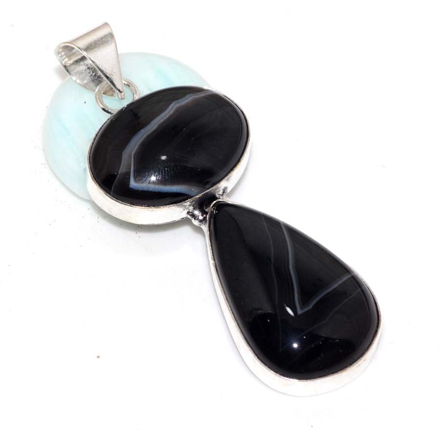Banded Black Onyx 925 Silver Plated Gemstone Pendant 2.2