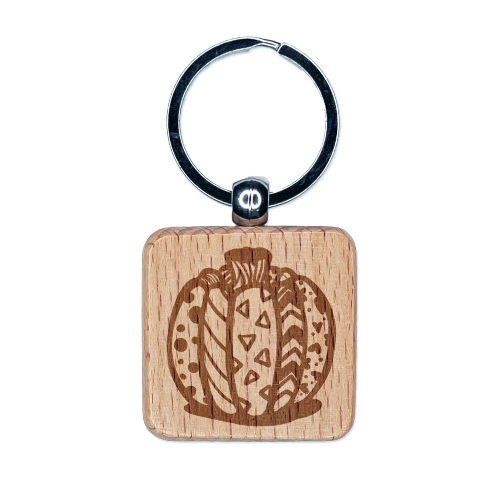 Patterned Pumpkin Fall Autumn Halloween Engraved Wood Square Keychain Tag Charm