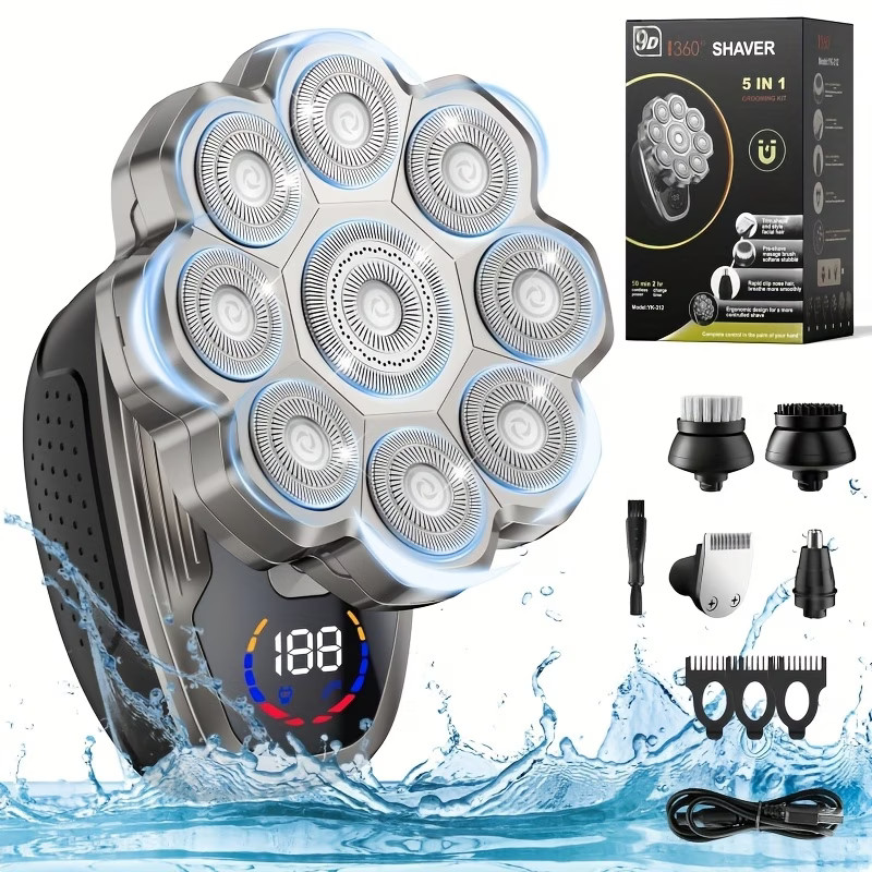 7D/9D Men's Electric Head Shaver Wet/Dry Grooming Kit Bald Head Razor Rechargeab