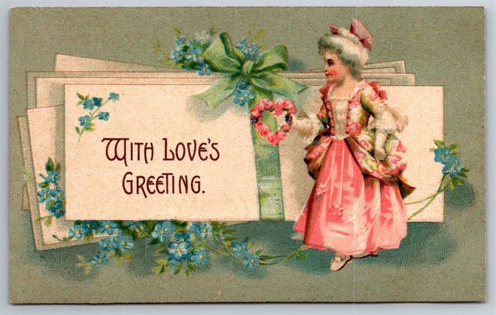 With Love's Greeting Embossed Lady Rose Heart Clapsaddle C1907 Postcard H5
