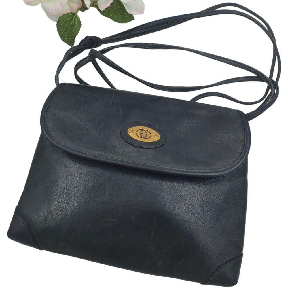 Gucci Navy Leather Shoulder Bag with Logo Authentic Pre-Owned
