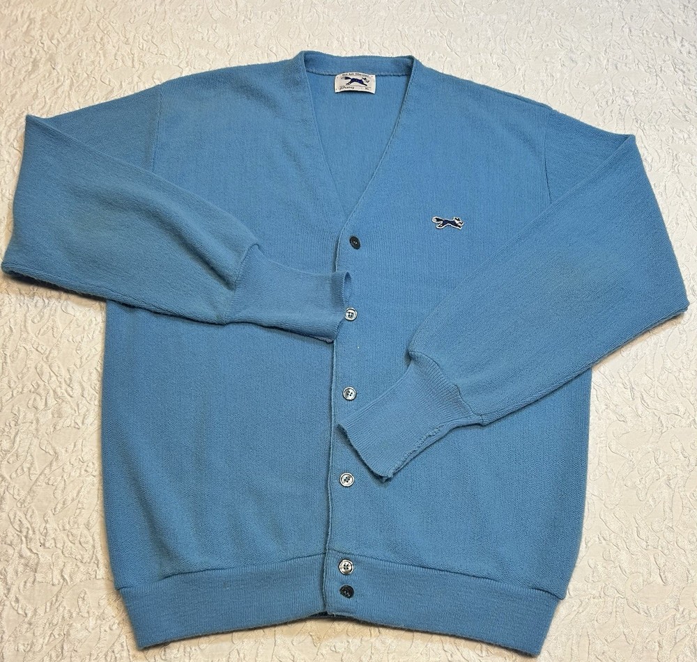 Vintage The Fox Sweater Grandpa Blue Acrylic Knit Cardigan XL Cobain