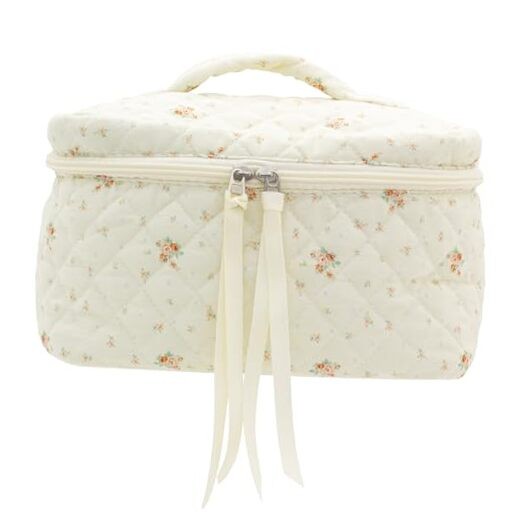 Cotton Makeup Bag for Women Large Quilted Travel Cosmetic Bag-Floral White