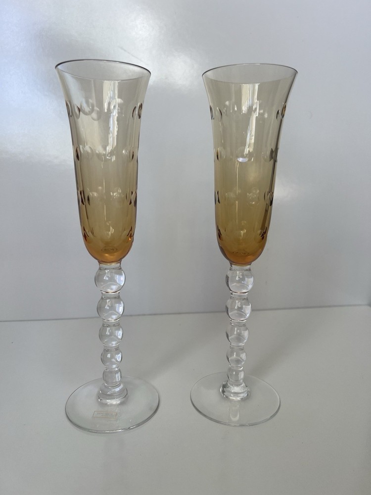 SAINT-LOUIS CRYSTAL Bubbles Set of 2 AMBER Champagne Flutes FRANCE