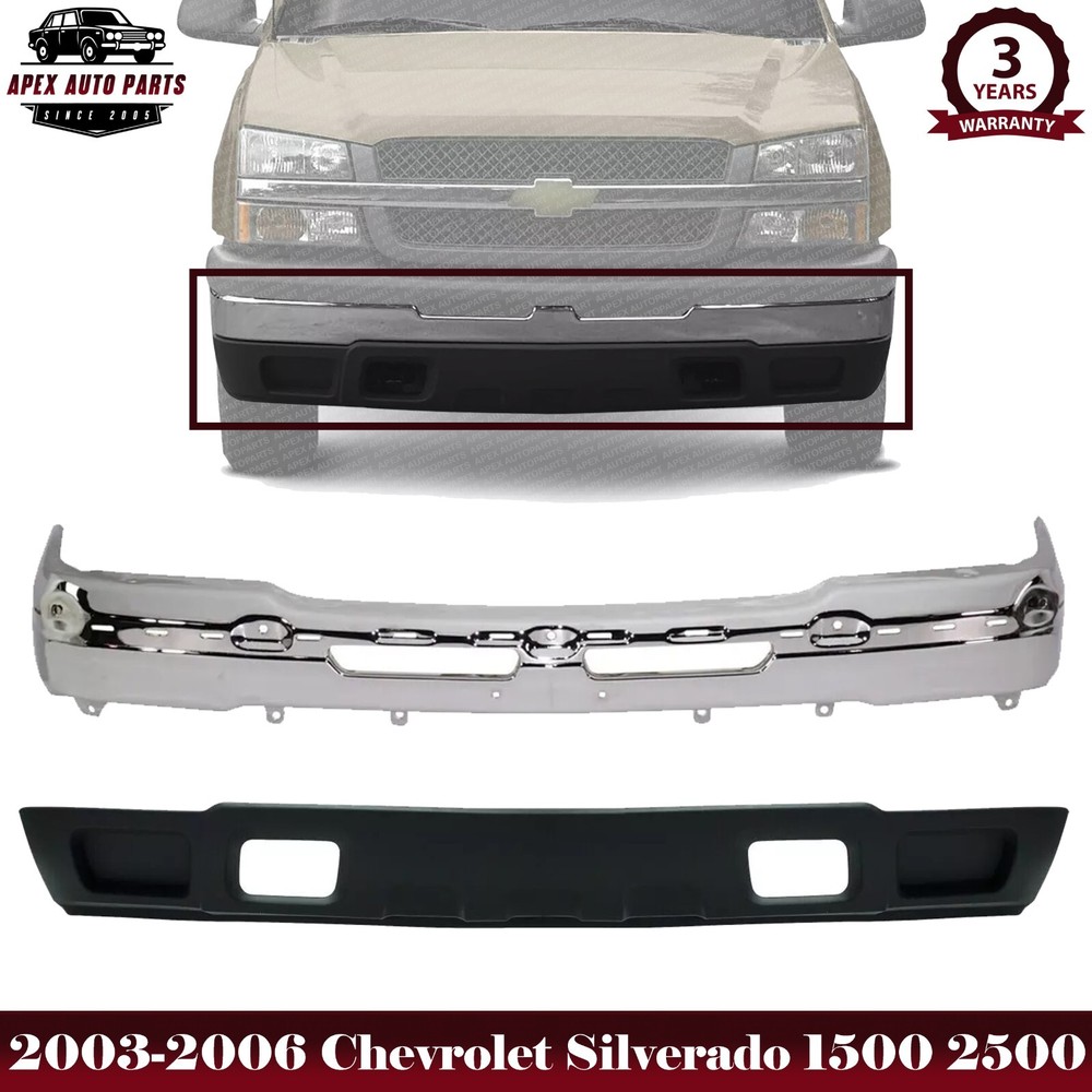 Front Bumper Chrome + Lower Valance For 2003-2006 Chevrolet Silverado 1500 2500