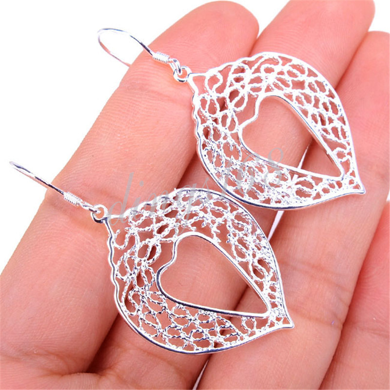 Classic Solid 925 Sterling Silver Filligree Leaf Open Heart Dangle Earrings H870