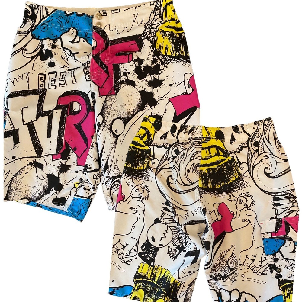 SUNCOAST Retro Board Shorts Men 30W* Surf Graphic Art Swim Streetwear Beach 80s