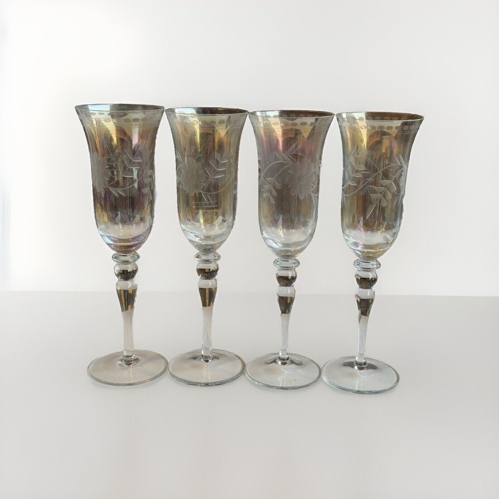 4 BLUE CHAMPAGNE GLASS/FLUTE WITH FLOWERS/ENTERTAINMENT/DINING (a1)