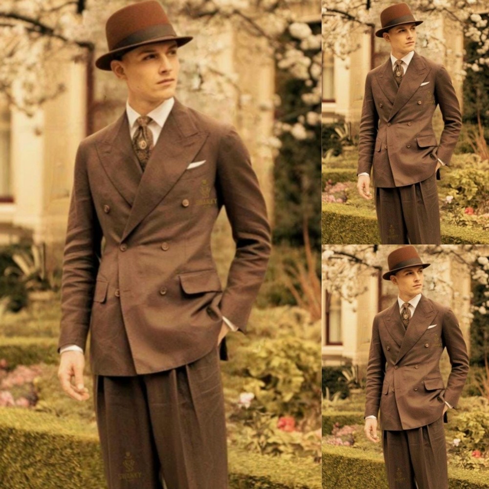 Double Breasted Brown Linen Suit Set with Peak Lapel Vintage Blazer for Men-image