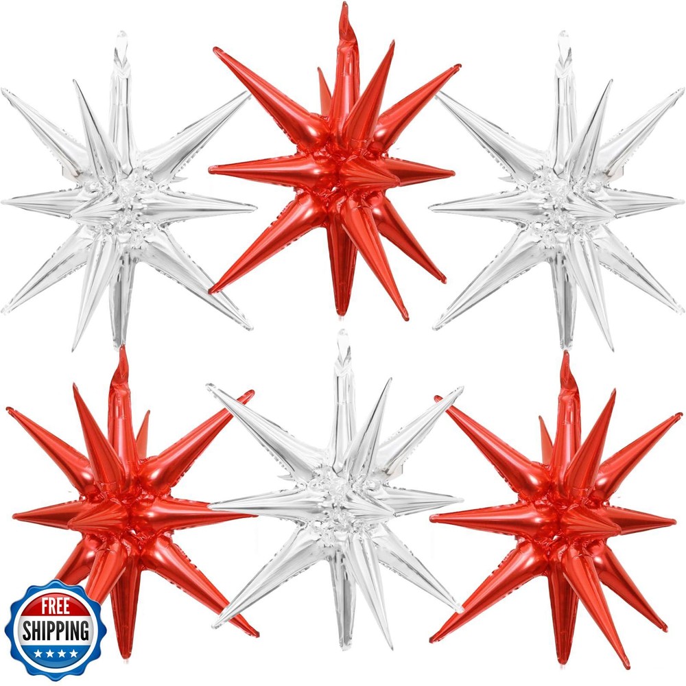 6 Pieces 27 Inches Silver Red Star Explosion Balloons, Large 14-Pointed One-P