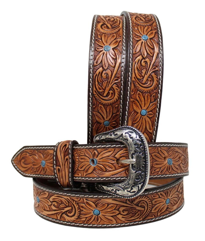 Kids Western Leather Belt with Antique Floral Tooled Design 26RS06C