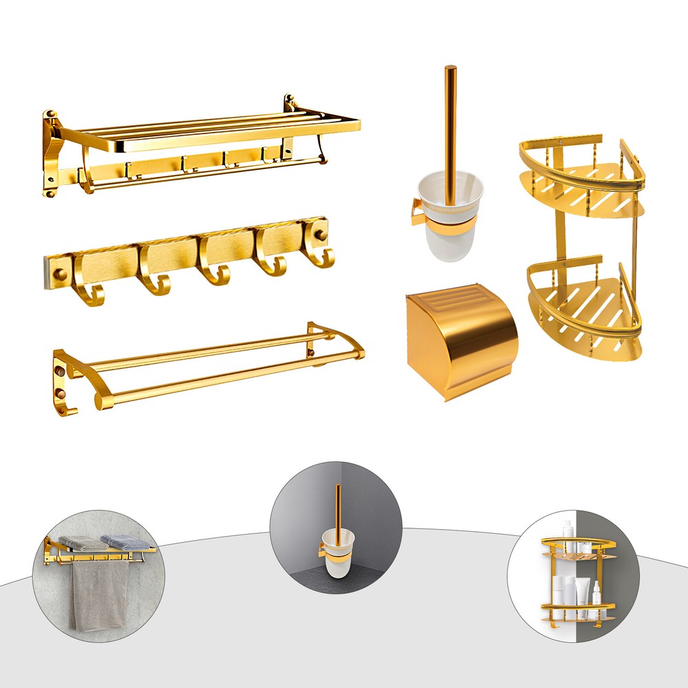 Wall-Mounted Gold Bathroom Set with Toilet Brush & Towel Rack