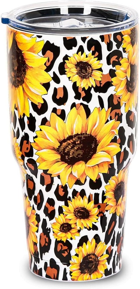 30OZ Leopard Print Stainless Steel Sunflower Tumbler with Lid – Perfect Gift for Women