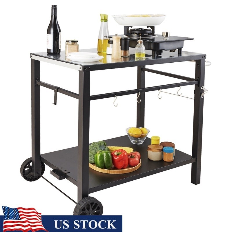 Double Tier Portable Grill Cart with Pizza Oven for Outdoor Cooking and Food Prep