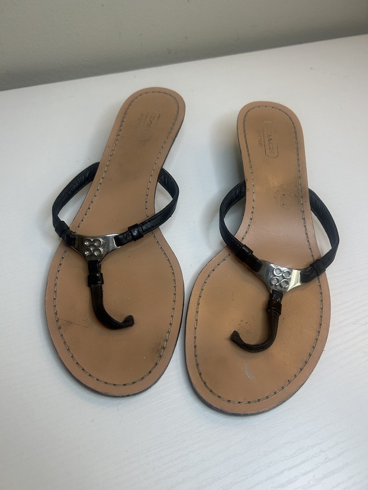 Coach Black Leather Thong Wedge Sandals Size 7.5 B