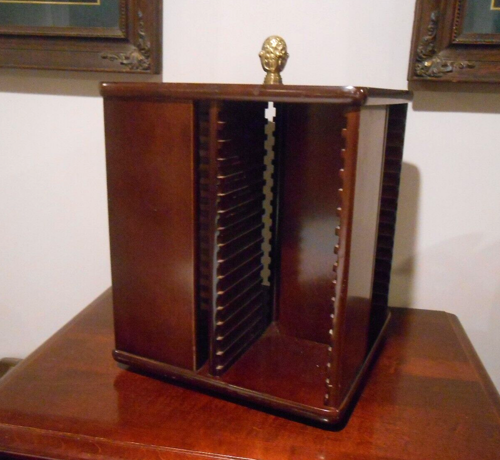 Bombay 64 CD Game Holder Wood Spinning Carousel Tower Rack Storage Brass Finial